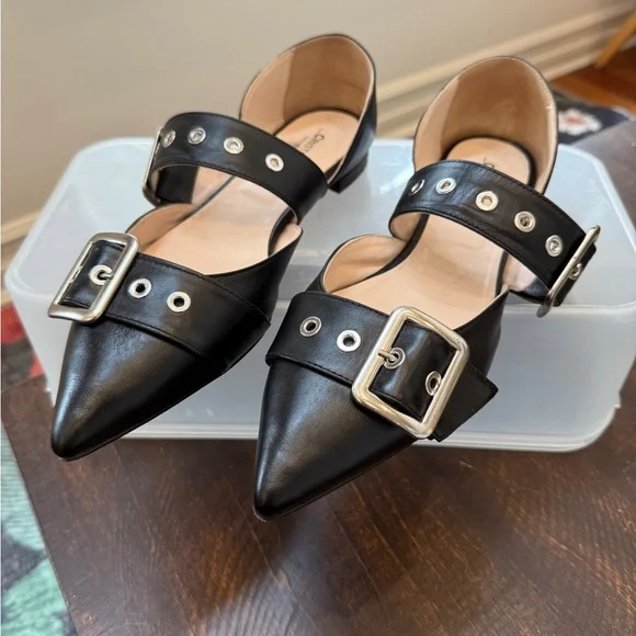 Vero Cuoio Black Leather Pointed Flats with Silver Buckles Made in Italy 9.5 - Picture 2 of 12